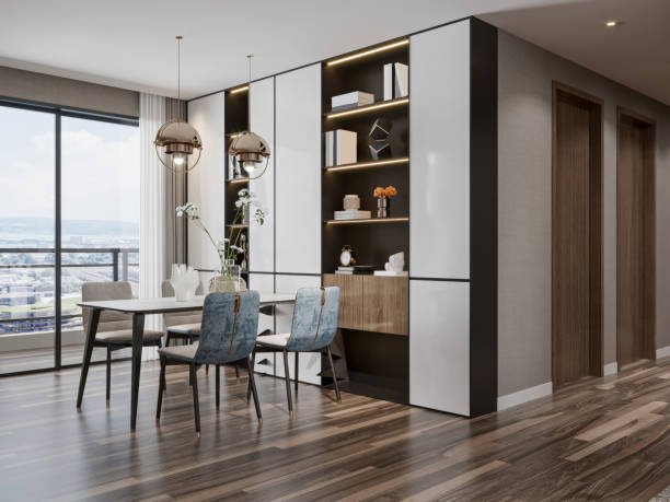Contemporary Dining Room with Decorative Shelving and Natural Light